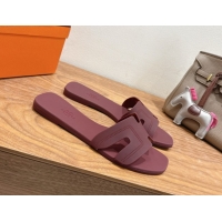 Grade Hermes Oran Classic Flat Slides Sandal in Stitching Rubber Burgundy 0820193