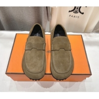 Buy Duplicate Hermes Lazy Loafers in Suede H090803 Khaki Green
