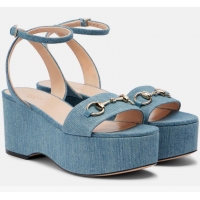 Famous Brand Gucci Horsebit Denim Platform Sandals 62938 Blue