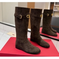 Grade Quality Valentino VLogo Signature Flat High Boots with Buckle Strap in Suede Brown VA082101