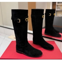 Buy Discount Valentino VLogo Signature Flat High Boots with Buckle Strap in Suede Black 2025 VA082101