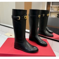 Top Grade Valentino VLogo Signature Flat High Boots with Buckle Strap in Calfskin Black 2025 VA082101