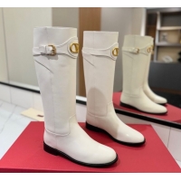 Best Price Valentino VLogo Signature Flat High Boots with Buckle Strap in Calfskin White 2025 VA082101