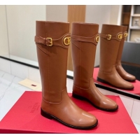 Purchase Valentino VLogo Signature Flat High Boots with Buckle Strap in Calfskin Brown VA082101