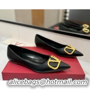 Low Price Valentino VLogo Signature Flat Shoes in Calfskin Leather Black/Gold 2025 VA082104