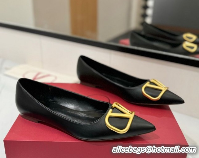 Low Price Valentino VLogo Signature Flat Shoes in Calfskin Leather Black/Gold 2025 VA082104