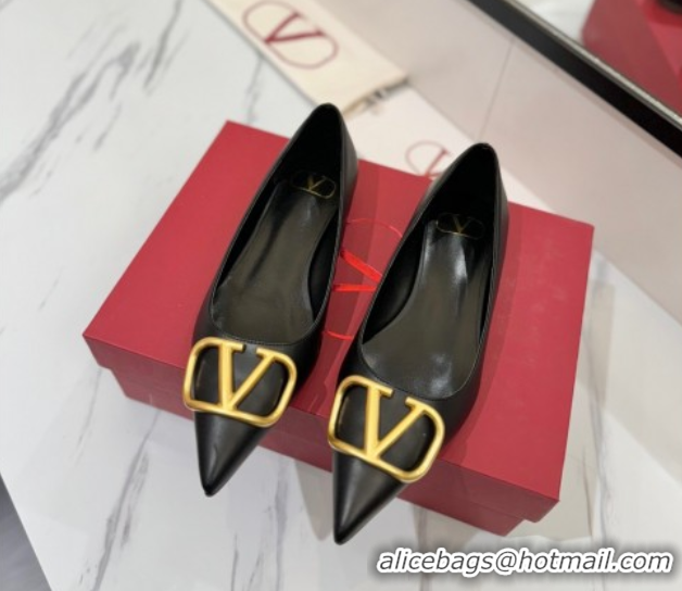 Low Price Valentino VLogo Signature Flat Shoes in Calfskin Leather Black/Gold 2025 VA082104
