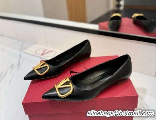 Low Price Valentino VLogo Signature Flat Shoes in Calfskin Leather Black/Gold 2025 VA082104