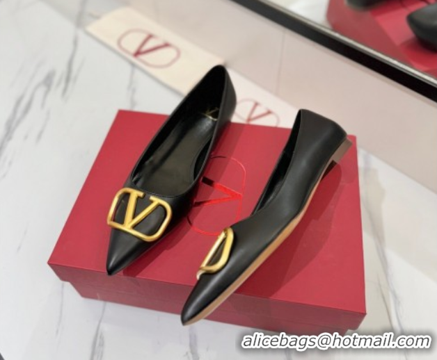 Low Price Valentino VLogo Signature Flat Shoes in Calfskin Leather Black/Gold 2025 VA082104