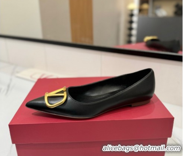 Low Price Valentino VLogo Signature Flat Shoes in Calfskin Leather Black/Gold 2025 VA082104