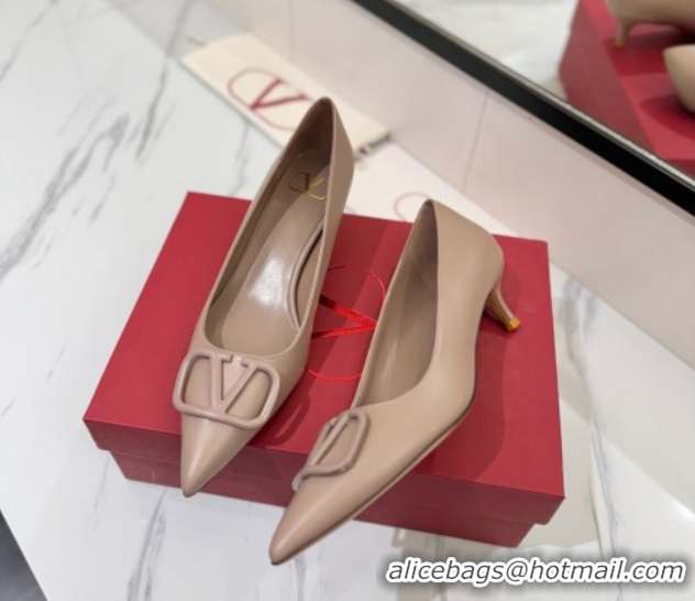 Charming Valentino VLogo Signature Pumps 4.5cm in Calfskin Leather All Dusty Beige VA082104