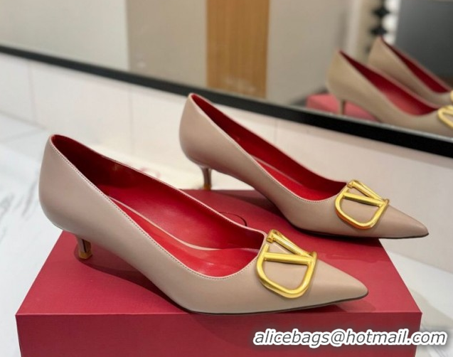 Shop Duplicate Valentino VLogo Signature Pumps 4.5cm in Calfskin Leather Dusty Beige/Gold 2025 VA082104