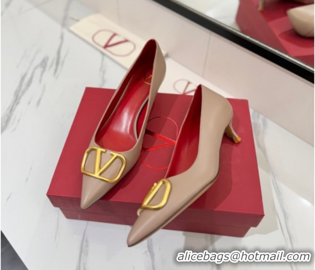 Shop Duplicate Valentino VLogo Signature Pumps 4.5cm in Calfskin Leather Dusty Beige/Gold 2025 VA082104