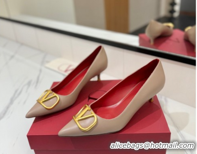 Shop Duplicate Valentino VLogo Signature Pumps 4.5cm in Calfskin Leather Dusty Beige/Gold 2025 VA082104