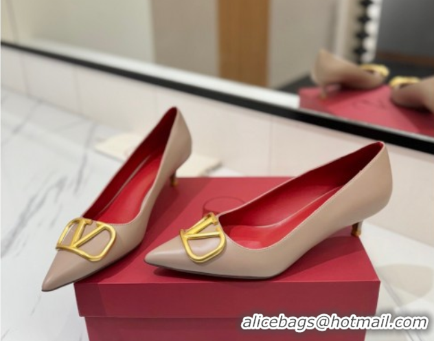 Shop Duplicate Valentino VLogo Signature Pumps 4.5cm in Calfskin Leather Dusty Beige/Gold 2025 VA082104