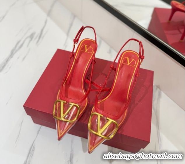 Good Quality Valentino VLogo Signature Slingback Pumps 8cm in PVC and Calfskin Red VA082105