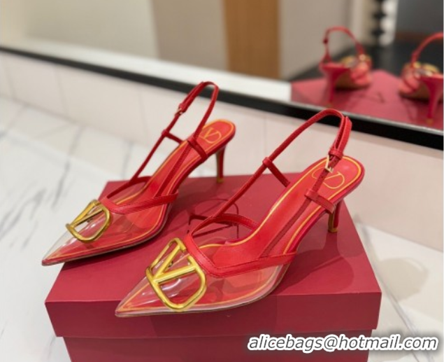 Good Quality Valentino VLogo Signature Slingback Pumps 8cm in PVC and Calfskin Red VA082105