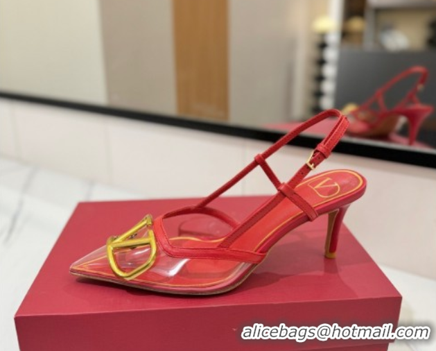 Good Quality Valentino VLogo Signature Slingback Pumps 8cm in PVC and Calfskin Red VA082105