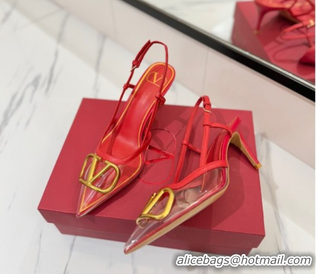 Good Quality Valentino VLogo Signature Slingback Pumps 8cm in PVC and Calfskin Red VA082105