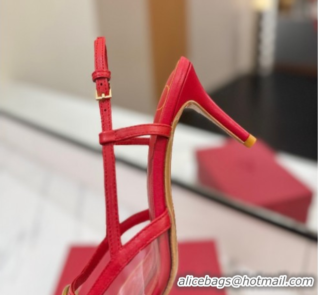 Good Quality Valentino VLogo Signature Slingback Pumps 8cm in PVC and Calfskin Red VA082105