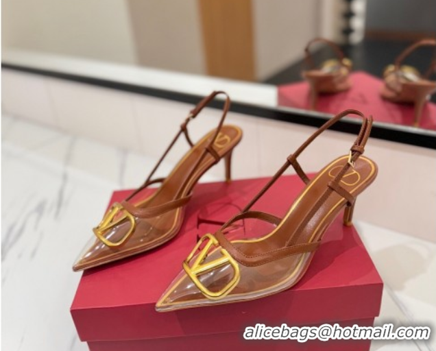 Unique Style Valentino VLogo Signature Slingback Pumps 8cm in PVC and Calfskin Brown VA082105