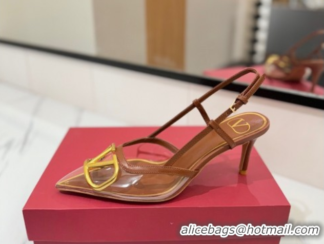 Unique Style Valentino VLogo Signature Slingback Pumps 8cm in PVC and Calfskin Brown VA082105