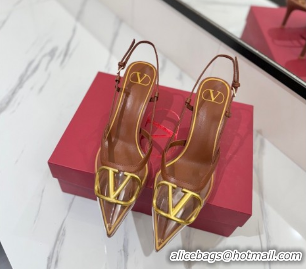 Unique Style Valentino VLogo Signature Slingback Pumps 8cm in PVC and Calfskin Brown VA082105
