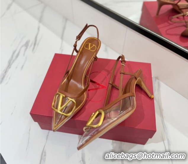 Unique Style Valentino VLogo Signature Slingback Pumps 8cm in PVC and Calfskin Brown VA082105