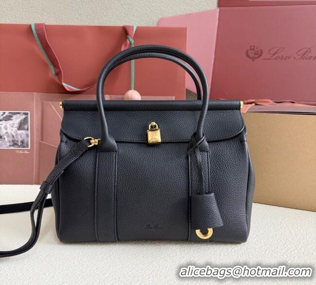 Shop Promotional Loro Piana Loom Top Handle bag L25 in Grained Calfskin Leather 0925 Black 2025