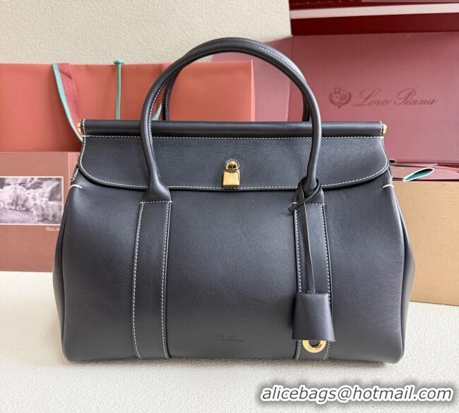 Good Quality Loro Piana Loom Top Handle bag L25 in Smooth Calfskin Leather 0925 Black 2025
