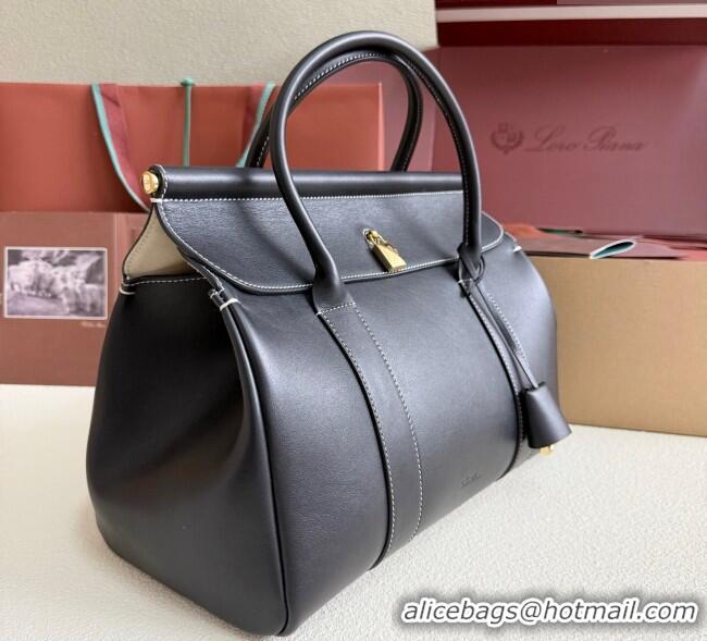 Good Quality Loro Piana Loom Top Handle bag L25 in Smooth Calfskin Leather 0925 Black 2025