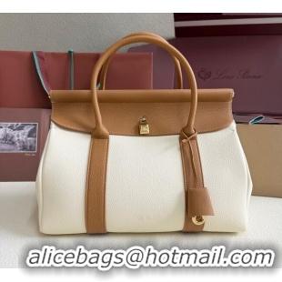 Best Product Loro Piana Loom Top Handle bag L32 in Grained Calfskin Leather 0925 White/Brown 2025