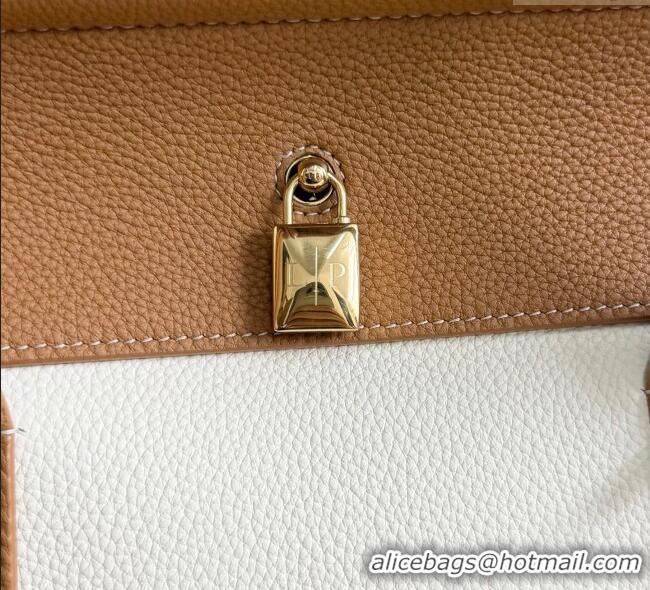 Best Product Loro Piana Loom Top Handle bag L32 in Grained Calfskin Leather 0925 White/Brown 2025