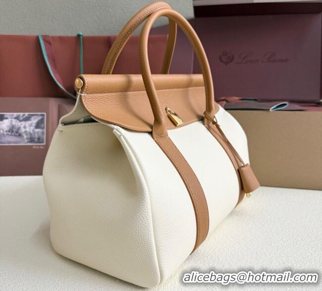 Best Product Loro Piana Loom Top Handle bag L32 in Grained Calfskin Leather 0925 White/Brown 2025