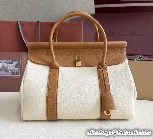 Best Product Loro Piana Loom Top Handle bag L32 in Grained Calfskin Leather 0925 White/Brown 2025