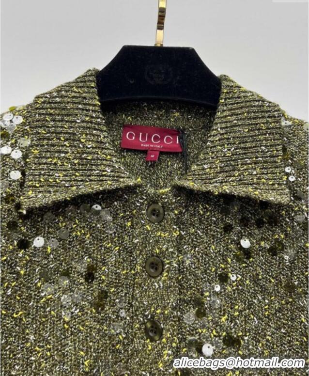 Famous Brand Gucci Sequins Knit Polo T-Shirt 0717 Green 2025
