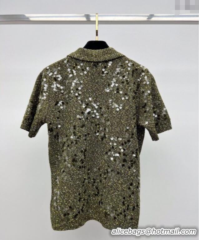 Famous Brand Gucci Sequins Knit Polo T-Shirt 0717 Green 2025