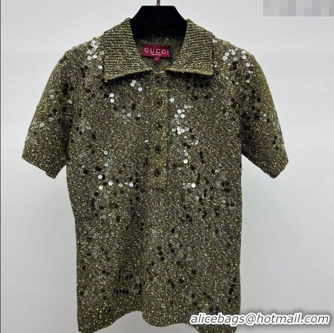 Famous Brand Gucci Sequins Knit Polo T-Shirt 0717 Green 2025