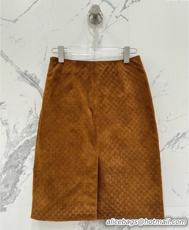 Top Design Gucci GG Suede Leather Skirt G072506 Brown 2025