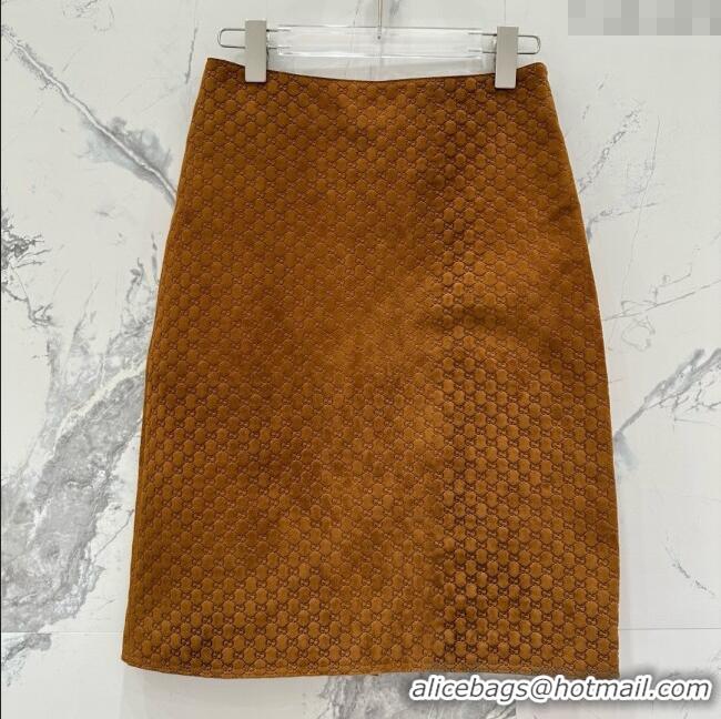 Top Design Gucci GG Suede Leather Skirt G072506 Brown 2025