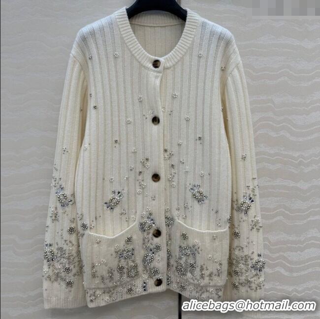 Top Grade Gucci Wool Cashmere Cardigan with Pearls and Strass Charm 0729 White 2025