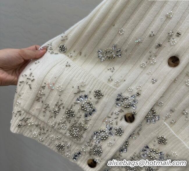 Top Grade Gucci Wool Cashmere Cardigan with Pearls and Strass Charm 0729 White 2025