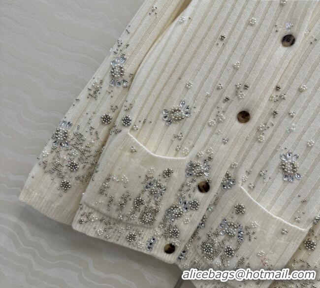 Top Grade Gucci Wool Cashmere Cardigan with Pearls and Strass Charm 0729 White 2025