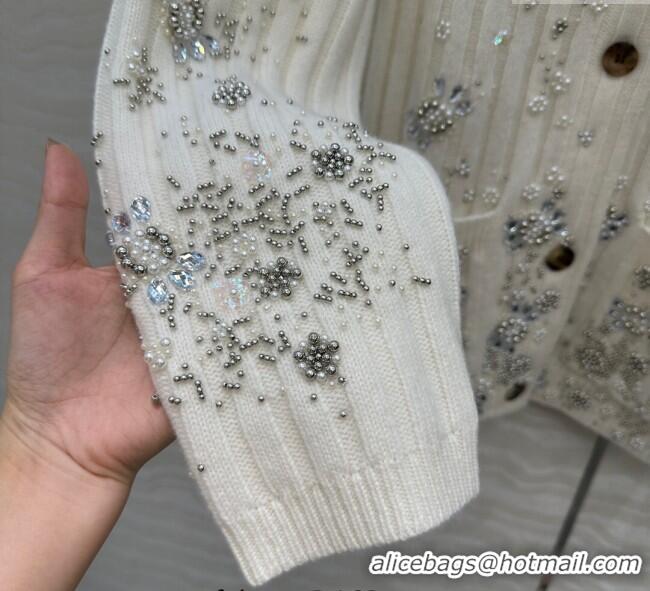 Top Grade Gucci Wool Cashmere Cardigan with Pearls and Strass Charm 0729 White 2025