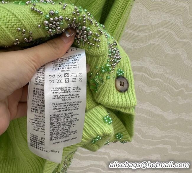 Discount Gucci Wool Cashmere Cardigan with Pearls and Strass Charm 0729 Green 2025