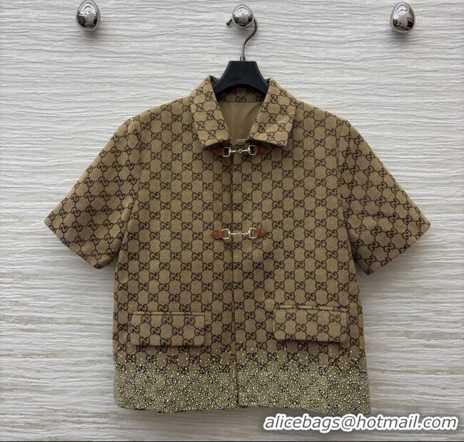 Shop Inexpensive Gucci GG Shirt with Crystals G82138 Brown 2025
