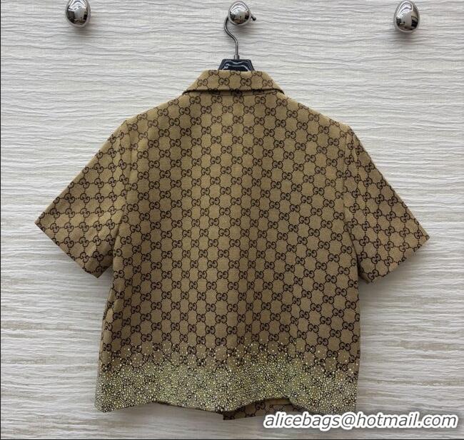 Shop Inexpensive Gucci GG Shirt with Crystals G82138 Brown 2025