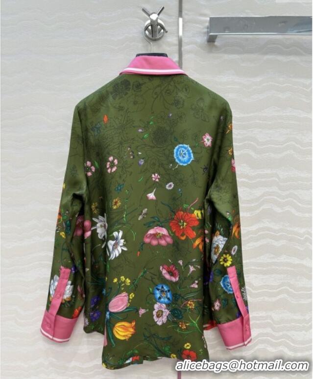 Best Quality Gucci Printed Silk Shirt G090107 Pink/Green 2025