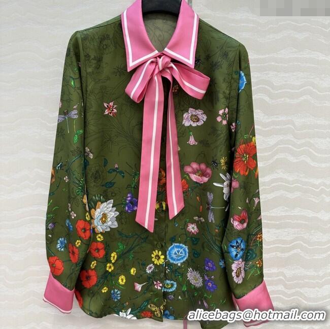 Best Quality Gucci Printed Silk Shirt G090107 Pink/Green 2025