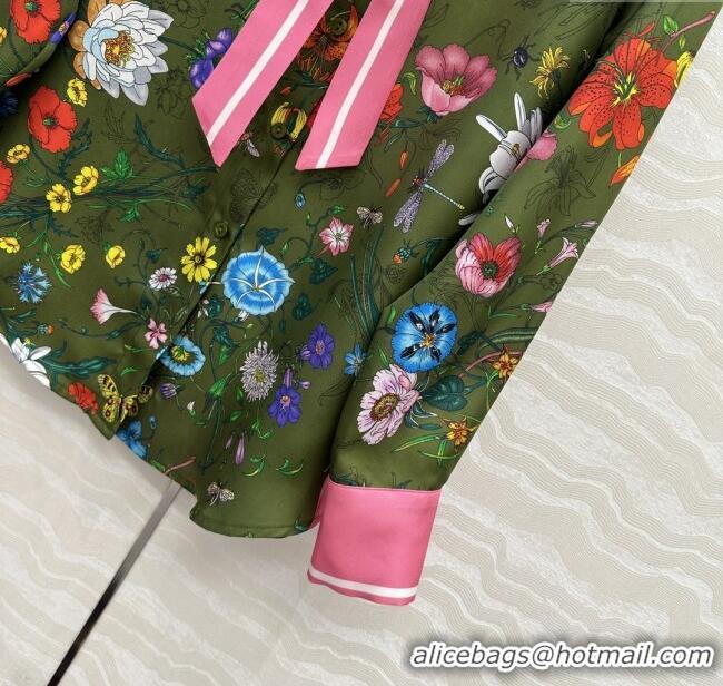 Best Quality Gucci Printed Silk Shirt G090107 Pink/Green 2025